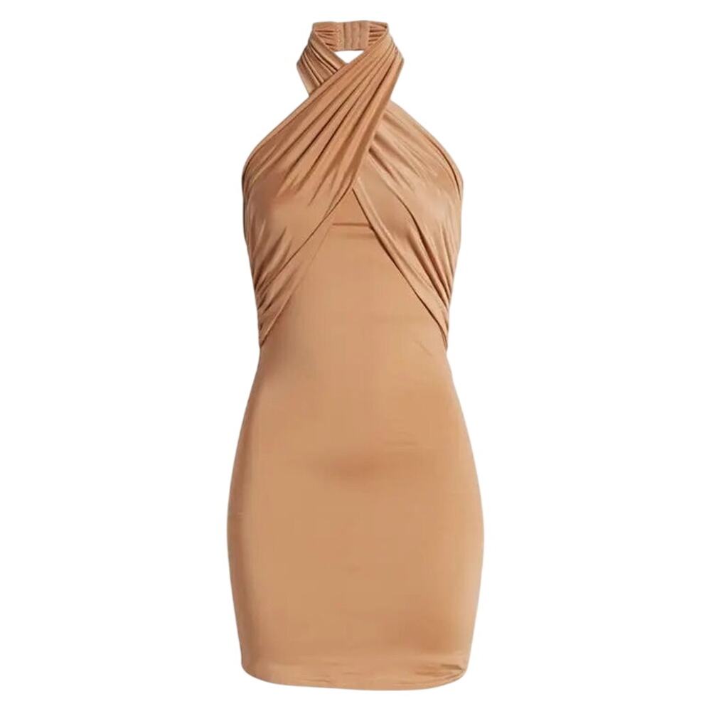 Bebe Large Cross Front Halter Bodycon Mini Dress Almond NWT Party Club
